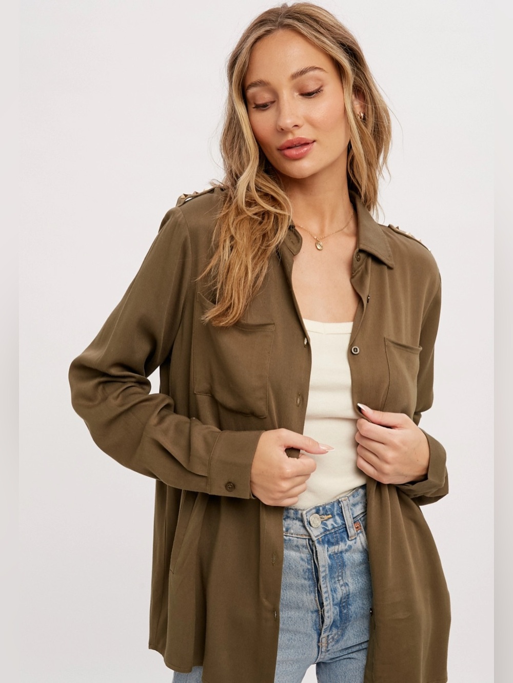 Army Green Utility Shirt Jacket w/Studded Epaulettes